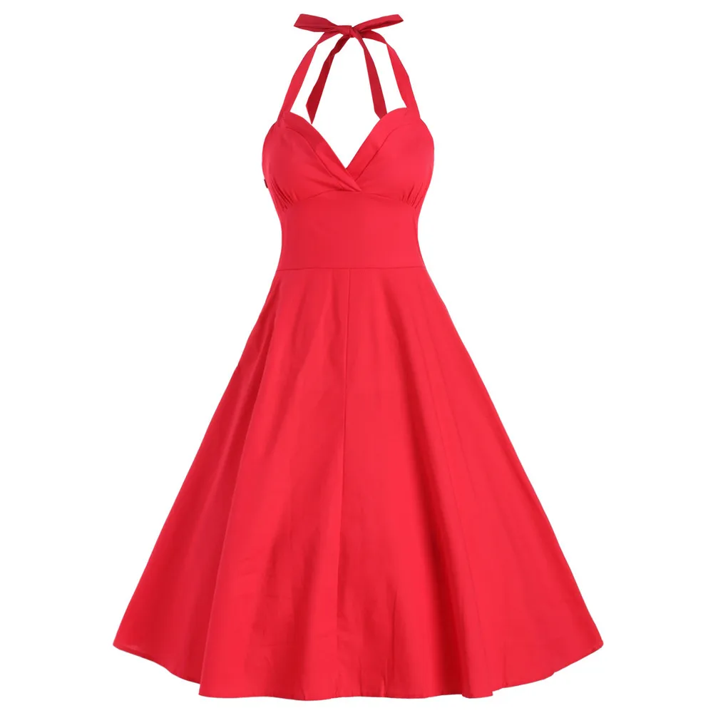 Женское винтажное платье с завязками на шее Hepburn 50s Rockabilly эластичное однотонное