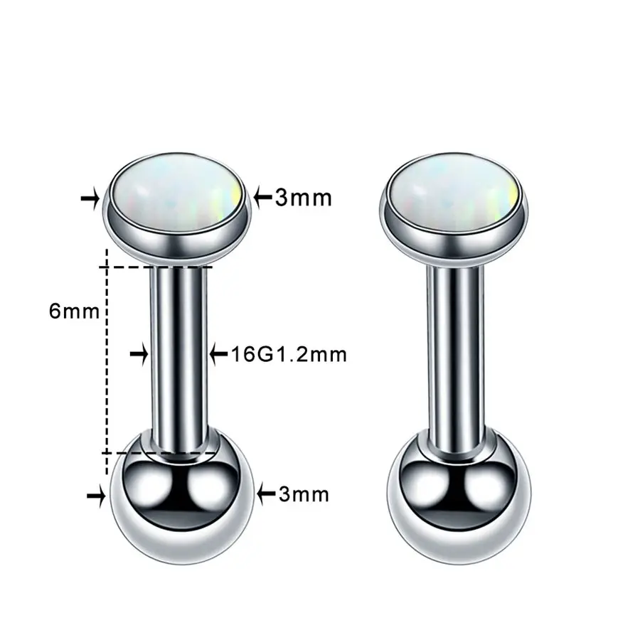 2pcs Earring 1.2x6x3 H-S сталь опал нос винт губная серьга-гвоздик спираль кольцо для губ Бар гвоздик для козелка Orelha хряща верхняя часть серьги пирсинг девушки ювелирные изделия - Окраска металла: 2pcs Earring 1.2x6x3