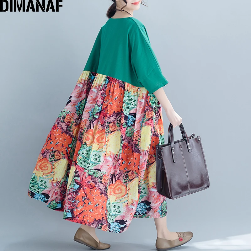 Женское платье с цветочным принтом DIMANAF свободный сарафан из хлопка и льна для