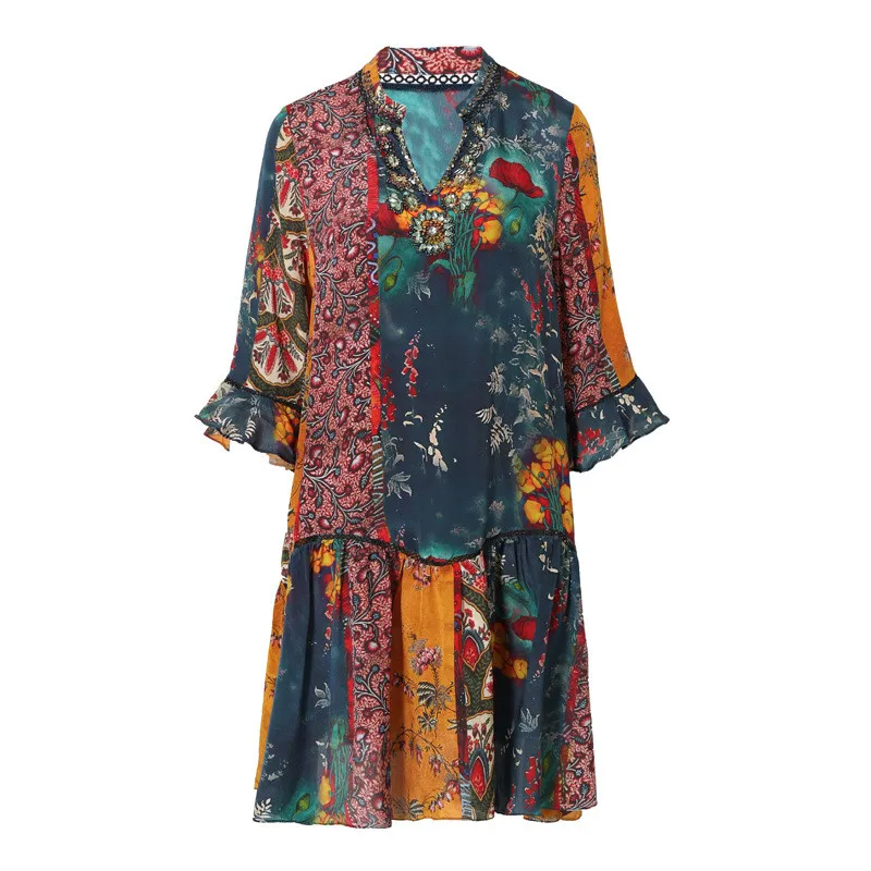 

Ethnic Style Summer Dress Female 2019 Fashion Simulation Silk Dress Long Section Print Dress Bohemian Dress Beach Vestidos A200
