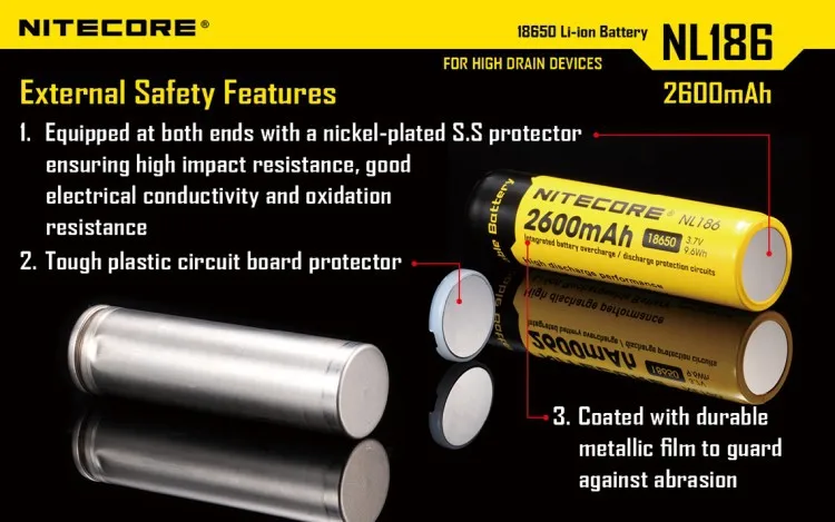 Высокая производительность разряда Nitecore NL186 2600 мАч 3,7 в литий-ионный 18650 Аккумулятор Перезаряжаемый с более чем 500 циклов