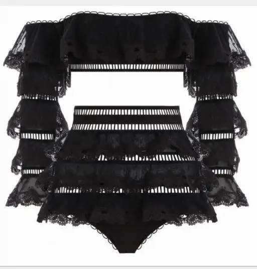 2 pieces set Роскошный многослойный кружевной купальный костюм с высокой талией и открытыми плечами-комплект из двух предметов - Цвет: 2 pieces set