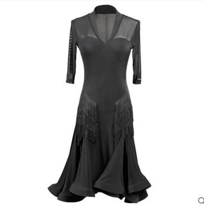 black Short sleeve Новые платья для соревнований латинских танцев, Женский костюм для выступлений с v-образным вырезом, юбка с кисточками для латинских танцев, 2 цвета, одежда для соревнований DQS1005 - Цвет: black Short sleeve