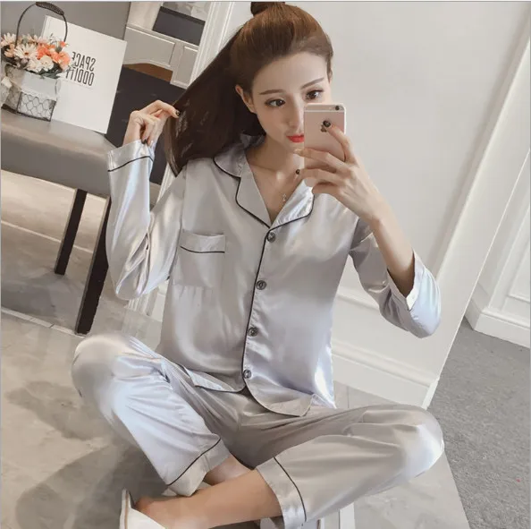 New Style Ladies Sexy Long Sleeved pajamas Silk suit Cardigan girl's Increase the size of a female | Женская одежда