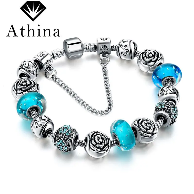 

DIY Blue Murano Glass Beads Bracelets Women Silver Bracelets & Bangles Fashion Charm Jewelry Pulseira SBR160230