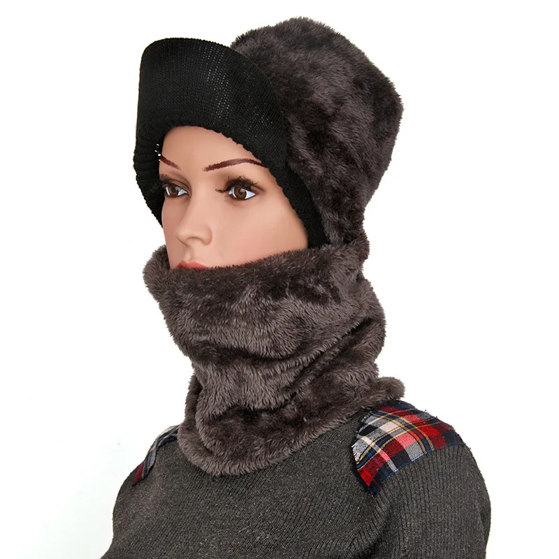 

Autumn Winter Male Hats Plus Velvet Thick Skullies Beanies Cap Knitted Visor Cap Scarf Set Wind Prevent Earflap Hat Collar Cap