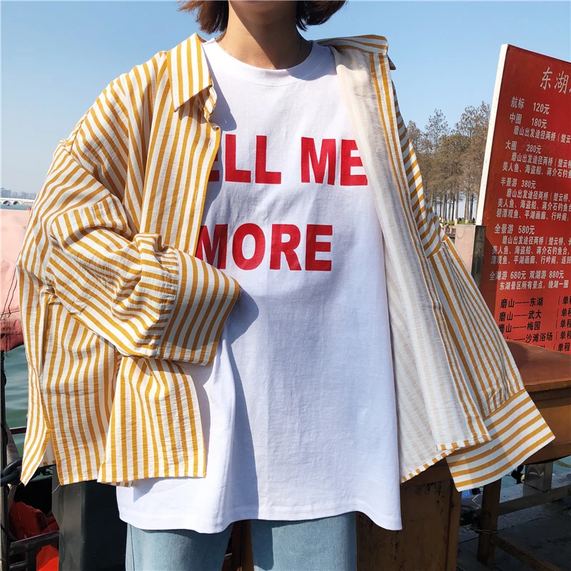 Лето Chic Harajuku Стиль полосатый принт Полный Длинные Блузки Для женщин 2018 Модная