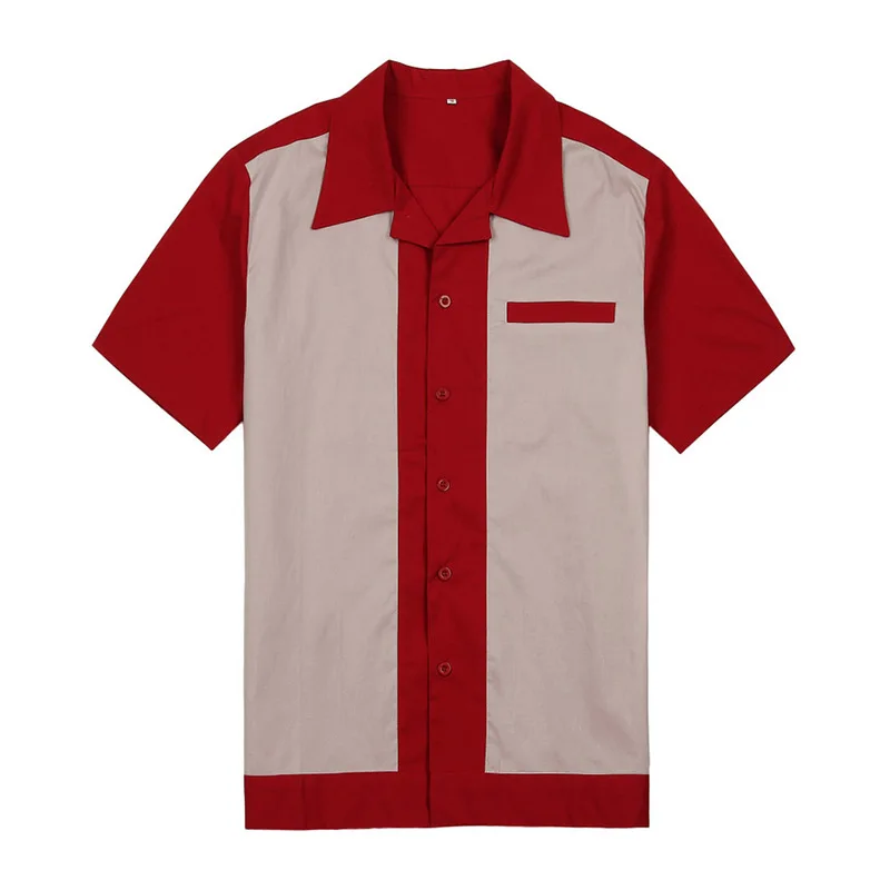 Повседневная мужская одежда, рубашки с коротким рукавом, Camiseta, Ретро стиль, Hombre, боулинг, рубашка на пуговицах, пэчворк, мужские рубашки, обычная посадка - Цвет: Красный