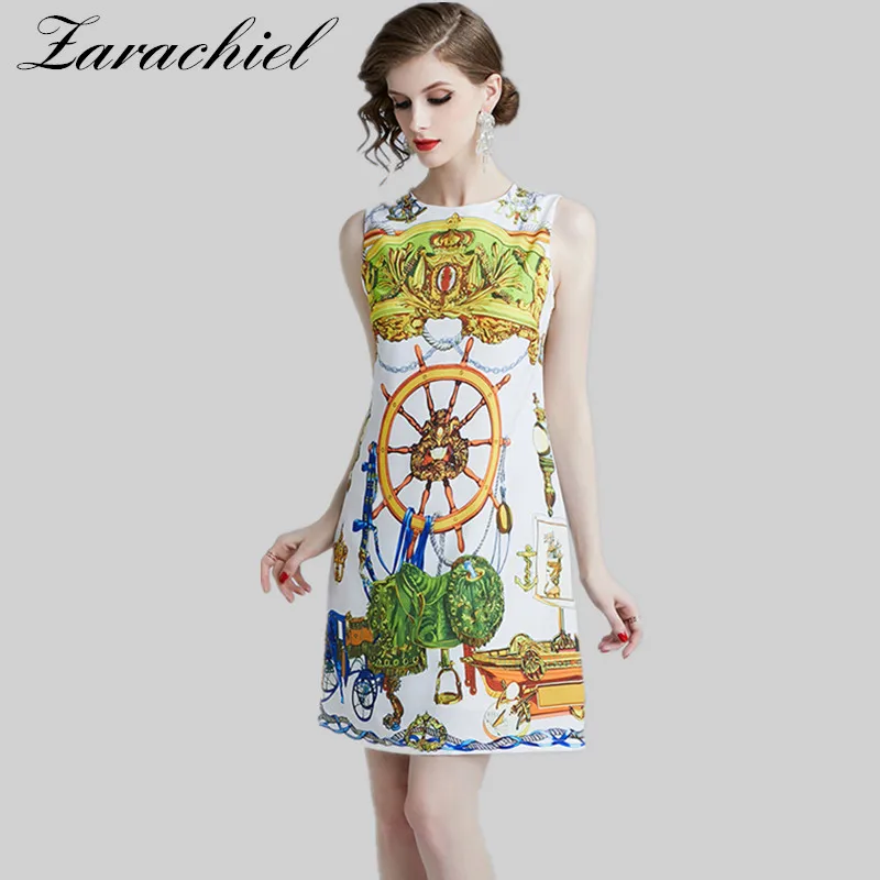 picture color Новое модное короткое платье трапециевидной формы летнее дизайнерское подиумное женское платье без рукавов с винтажным рисунком колеса мини-платье на бретелях - Цвет: picture color