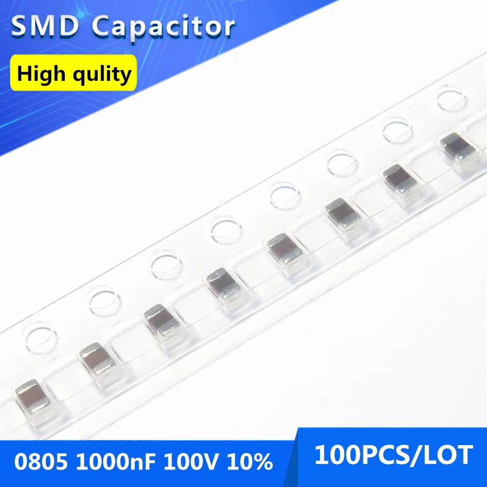 

100pcs 0805 1000nF 1uF 10% 100V Thick Film Chip Multilayer Ceramic Capacitor
