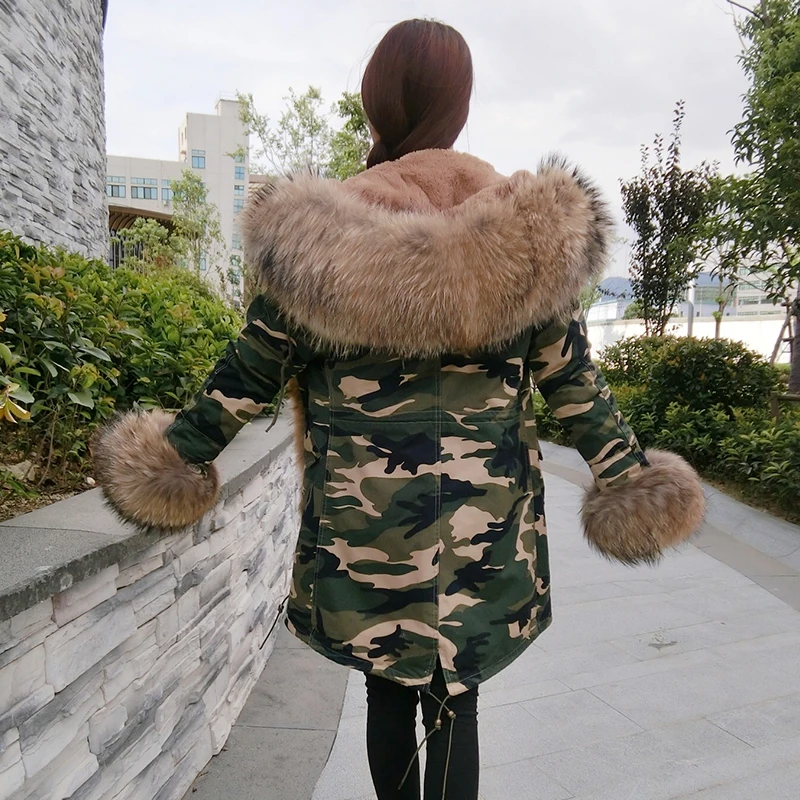 Korean Style Winter Women's Fashion Loose Army Green Big Real Fox Fur Collar Cuff and Thick Faux Liner Parkas Jackets Warm Coats | Женская