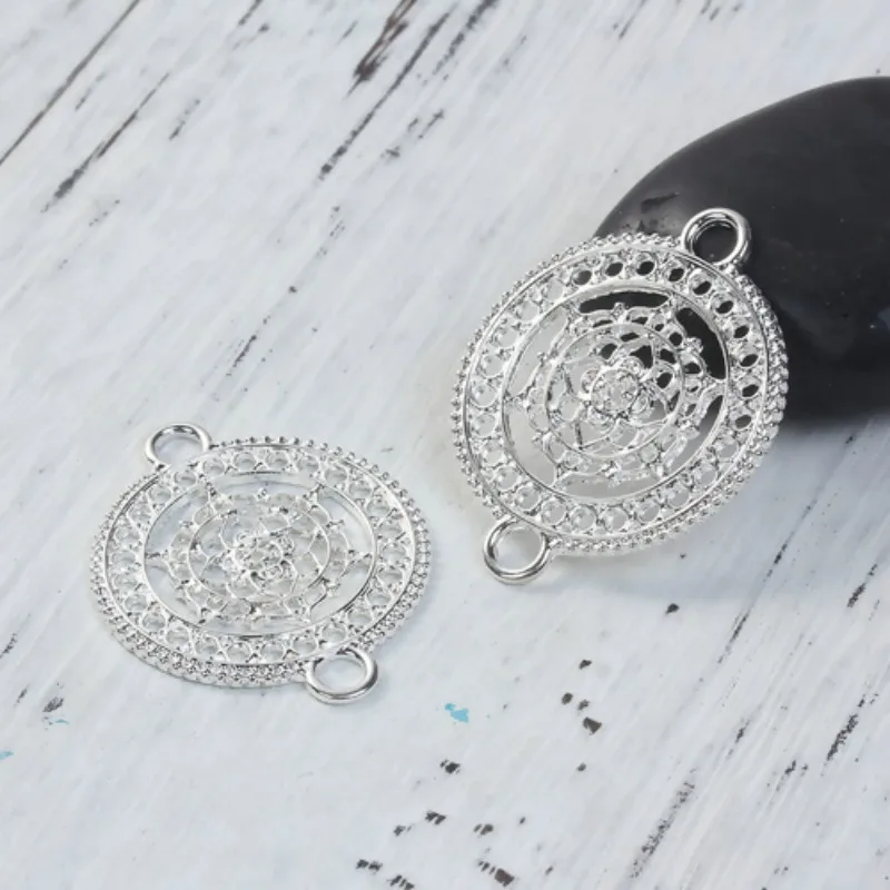 Doreen Box Zinc Based Alloy Buddhism Mandala Connectors Round Silver Color Gold Plated Hollow 37mm(1 4/8&quot) x 29mm(1 1/8&quot) 5 PCs |