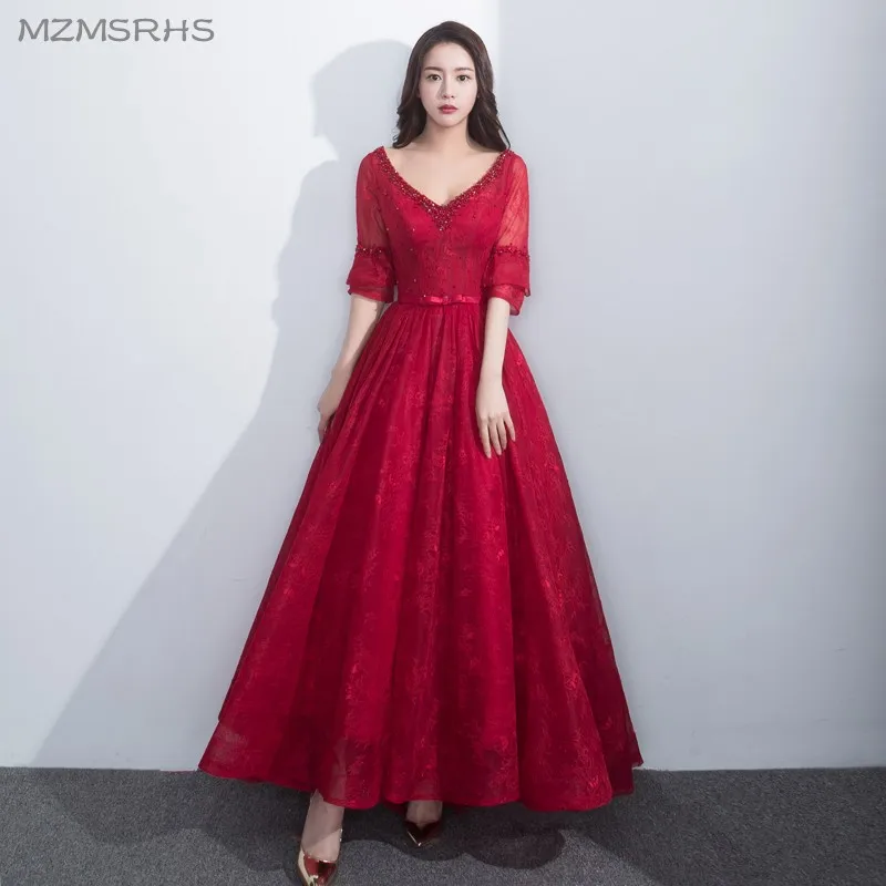 Женское вечернее платье с а-силуэтом Бордовое до пола V-образным вырезом и