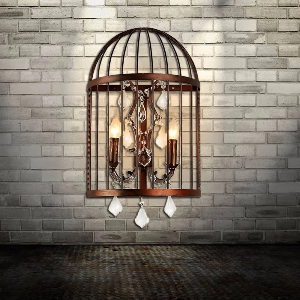 

AC110-250V Edison Vintage Metal Bird Cage Wall Lights Crystal Pattern Candle Wall Sconce Lighting Home E14 2 Heads pomelo lamps