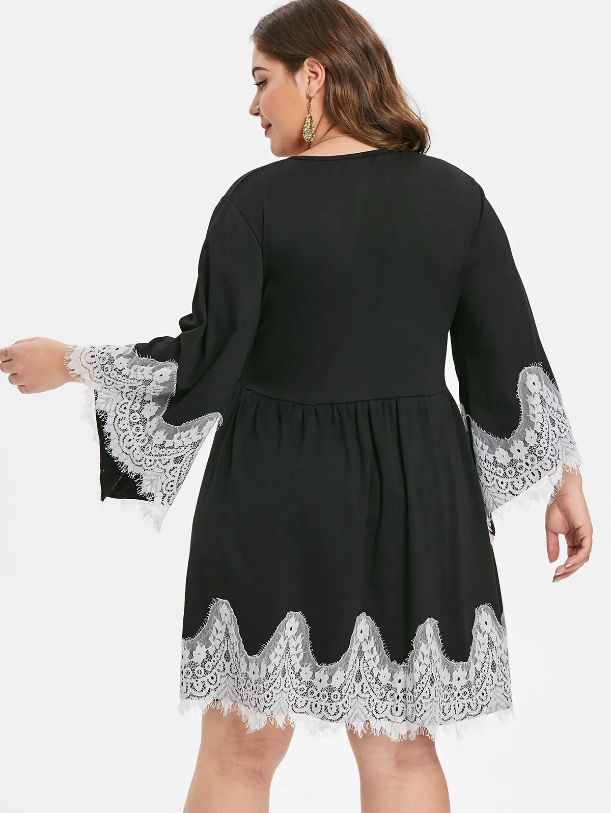 Wipalo Women Plus Size Plunging Neck Eyelash Lace Panel Shift Dress 3/4 Length Flare Sleeves Patchwork Casual Straight Vestidos | Женская