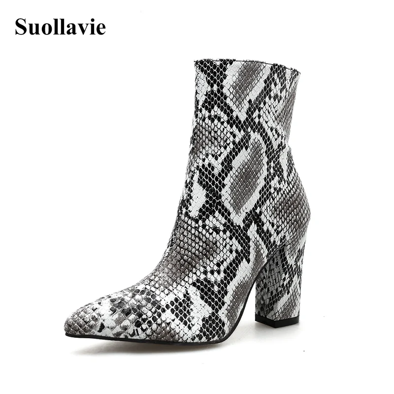 

Suollavie Fashion Snake Pattern Leopard Print Women's High Heels Boots Chelsea Boots Zipper Ankle Sexy Party Pointed Toe Shoes