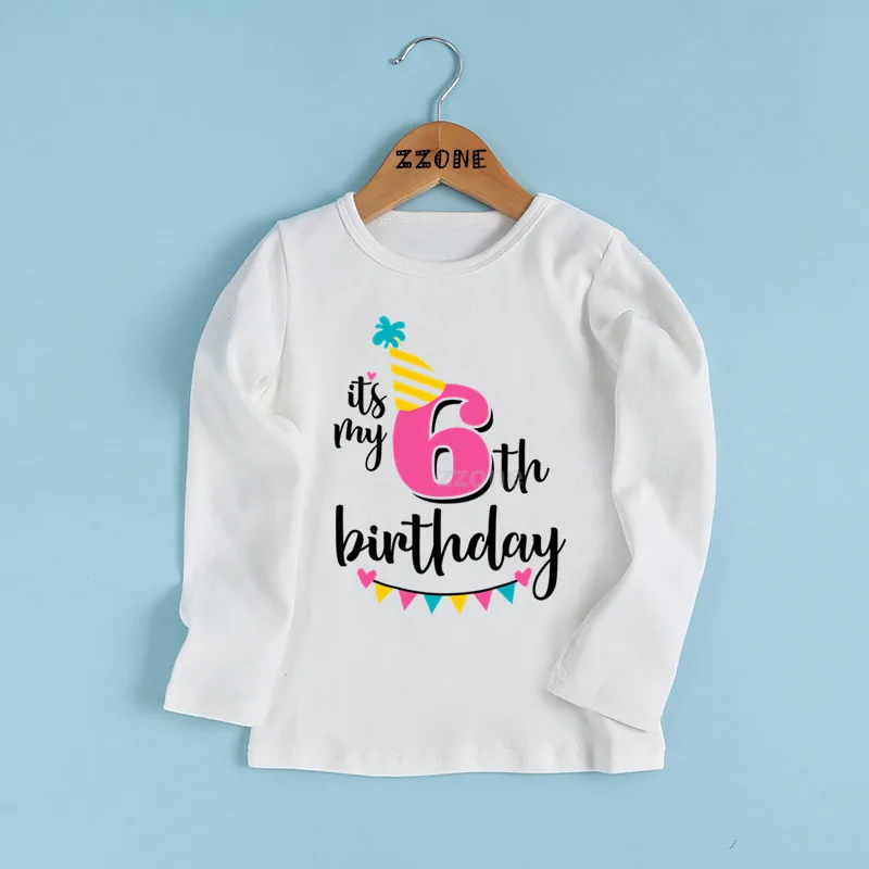 whiteF Футболка с надписью «Happy Birthday» и цифрой 1-9 для девочек одежда с длинными рукавами для малышей Детская забавная футболка в подарок на день рождения с цифрами LKP2432 - Цвет: whiteF