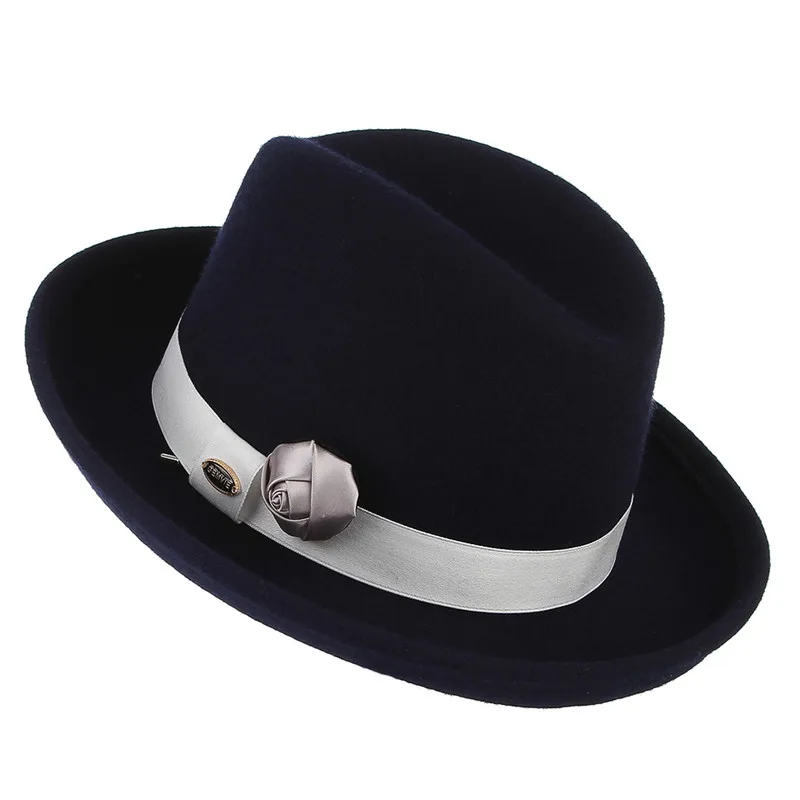 navy blue Классическая homberg Шляпа Fedora для мужчин женщин Винтаж сплошной цвет изогнутый край шерсть фетровая шляпа с лентой ручной работы цветочный - Цвет: navy blue