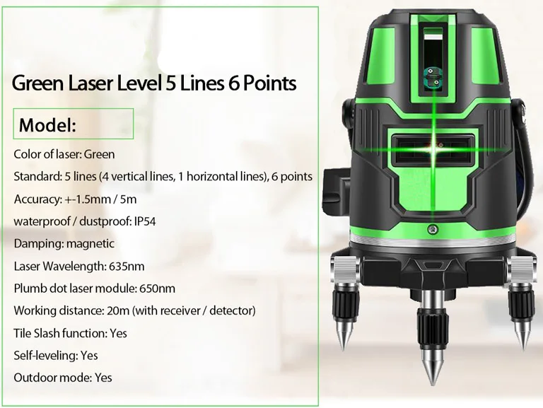 5 lines 6 points green laser level 360 degrees rotary outdoor mode - receiver and tilt slash available auto line | Инструменты