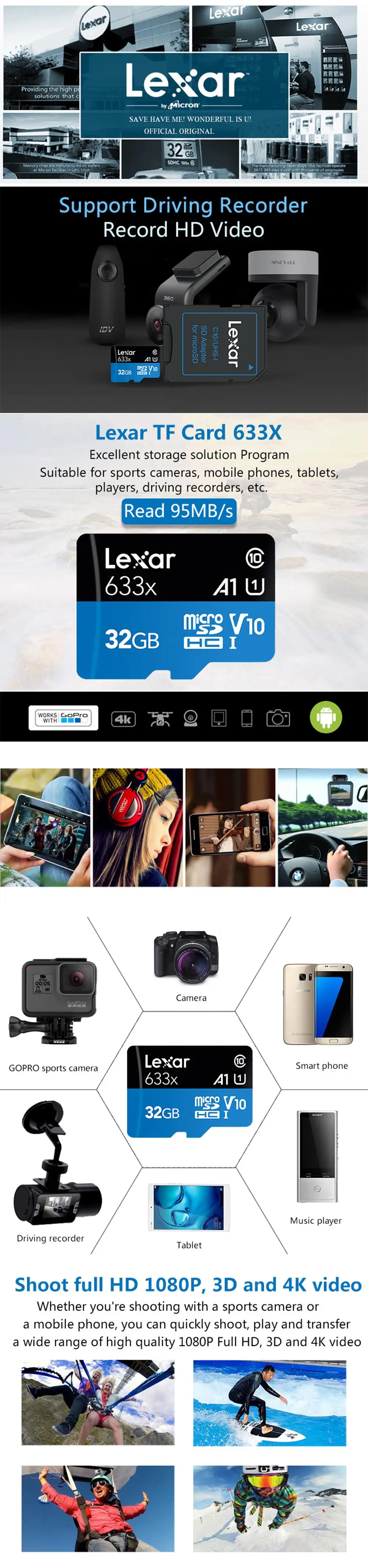 Карта памяти Lexar 128 Гб 64 Гб U3 95 МБ/с./с 32 ГБ Micro sd карта класс 10 UHS-1 TF флэш Micro sd карта s для планшетов и спортивных камер