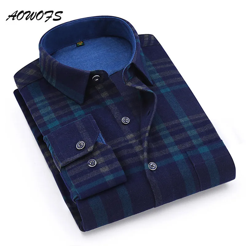 AOWOFS 2017 Зима рубашки для мальчиков мужчин мягкие фланелевые в клетку Regular Fit