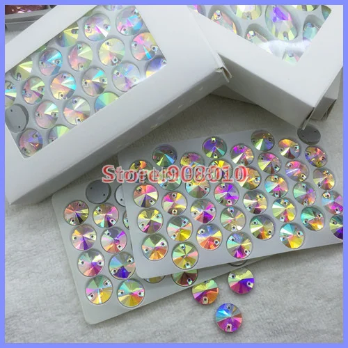 200 штук/коробка 12 мм круглый Риволи пришивные стразы кристалл AB цвет плоская задняя часть 2 отверстия швейные пуговицы бесплатная доставка.