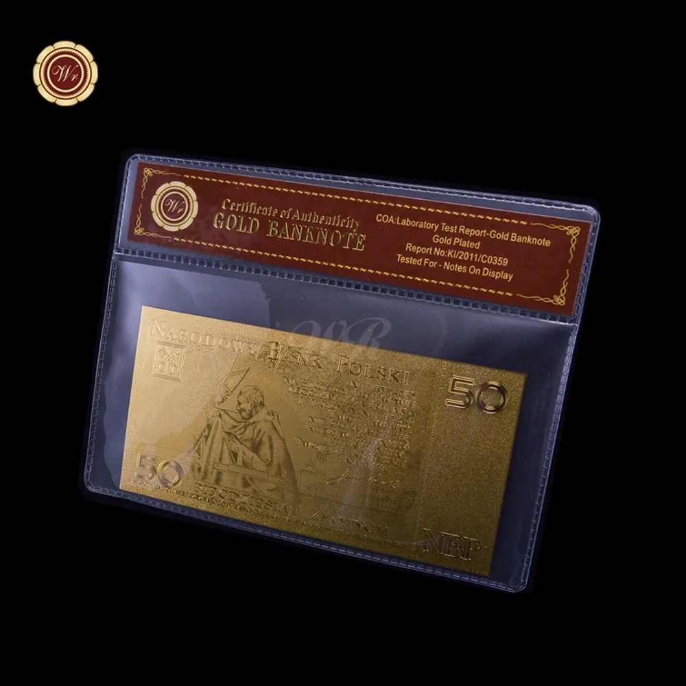Уникальная металлическая ручная работа Польша 50 позолоченных банкнот чистое