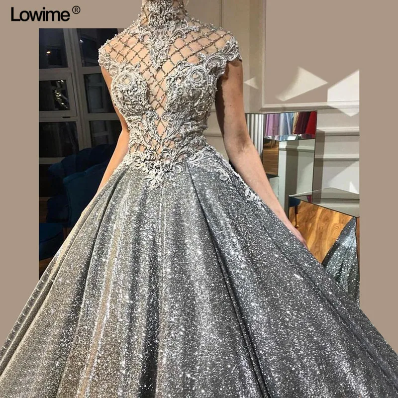 New Luxury Silver Prom Dresses High Neck Illusion Cap Sleeve Sequin Fabric Zipper Evening Prom Party Gowns Robe De Soiree