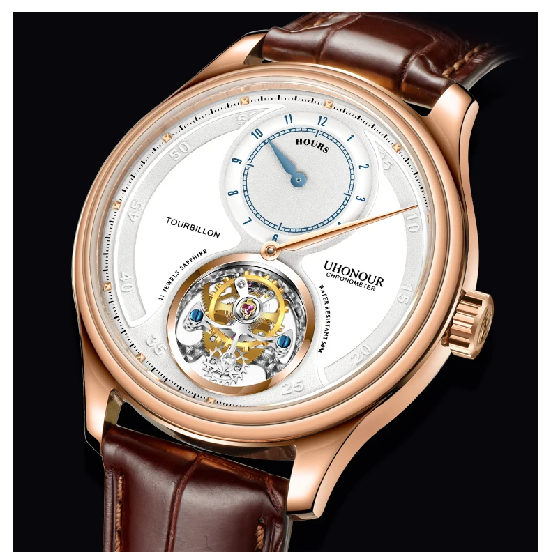 

Men Tourbillion Watch Mechanical Hand Winding 25 Jewels Sapphire Alligator Leather Date Luxury Gift