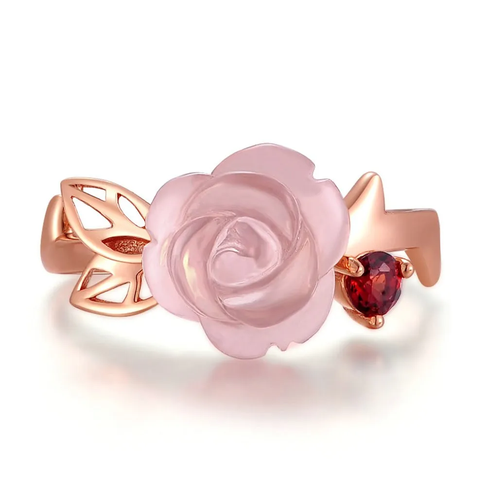 Fine Jewelry 100% Silver Rings For Women Rose Quartz Natural Gemstone Flower Pink Romantic Cute Wedding Ring CCRI025 | Украшения и