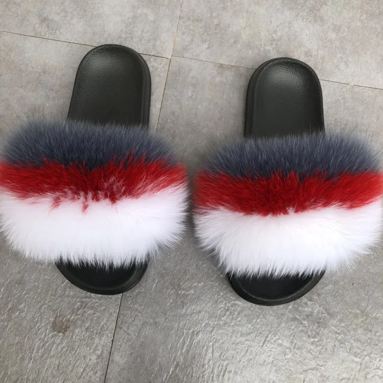 white red blue ZDFURS/; Лидер продаж; женские шлепанцы с лисьим мехом; Разноцветные Летние модные шлепанцы; женские меховые домашние Вьетнамки; пляжные сандалии - Цвет: white red blue