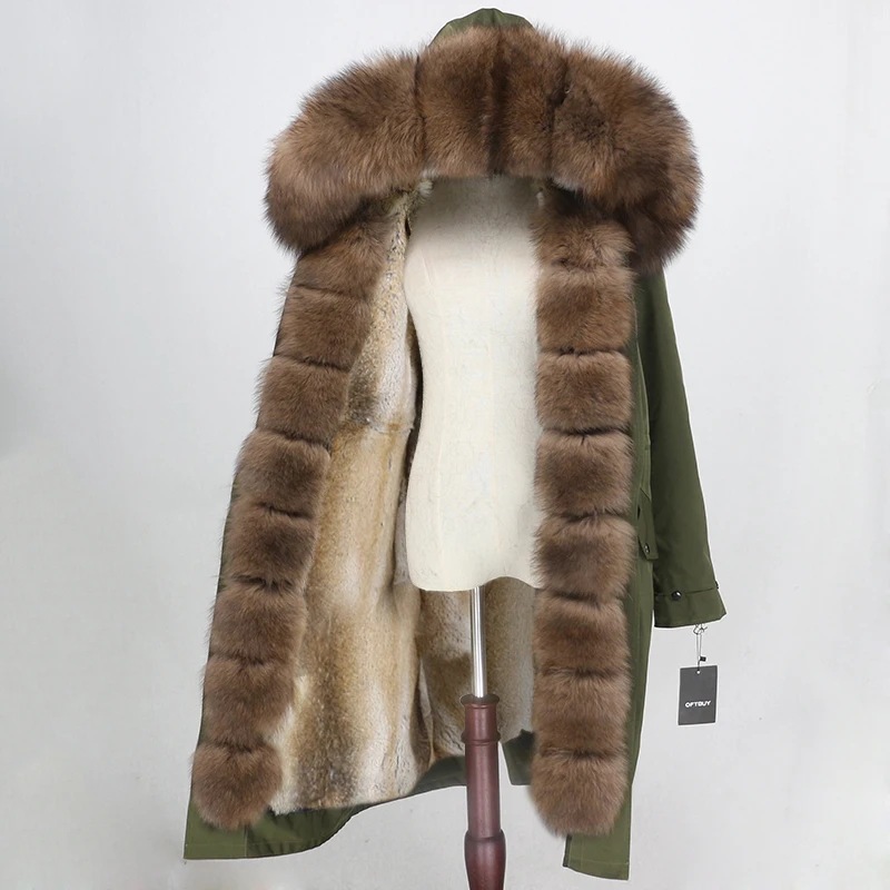 green brown Пальто из натурального меха, брендовая Водонепроницаемая парка, зимняя куртка для женщин, натуральный Лисий меховой капюшон, воротник, подкладка из натурального кроличьего меха, теплая уличная одежда, новинка - Цвет: green brown