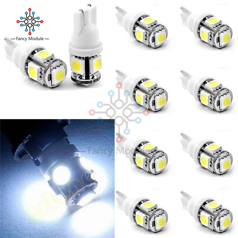 

10PCS T10 5050 W5W 5 SMD 194 168 LED White Car Side Wedge Tail Light Lamp 12X30m