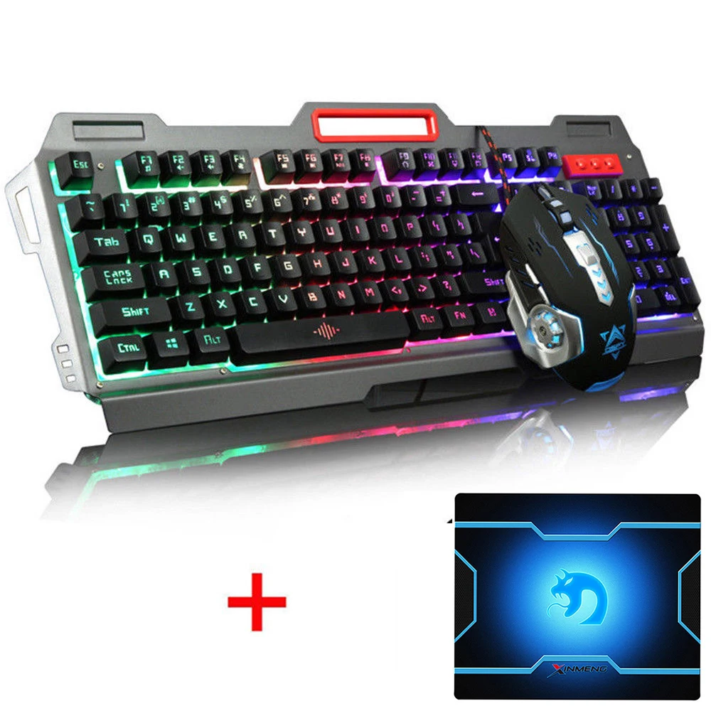 

104 Keys K-38 Wired Rainbow LED Backlit Metal Ergonomic Usb Gaming Keyboard Mouse Combo + 3200DPI Optical Gamer Mouse + Mousepad