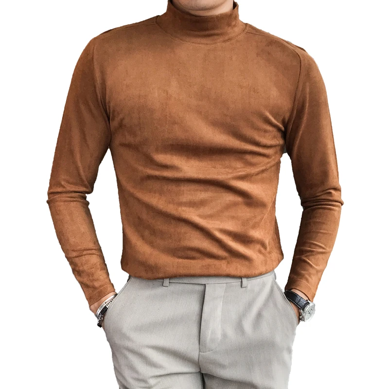 Brand New Men T-Shirt Fashion 2018 Autumn Winter Suede Warm T Shirts Mens Long Sleeve Slim Fit Half High Collar Tee Shirt Homme | Мужская