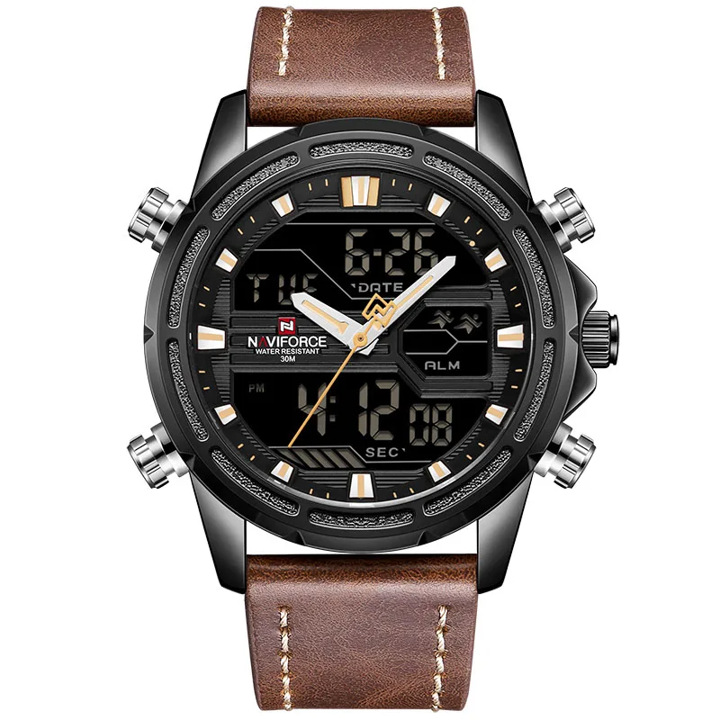 Black Yellow Лучшие Роскошные Брендовые мужские часы naviforce модные спортивные часы Мужские Цифровые кварцевые часы кожаные военные водонепроницаемые наручные часы - Цвет: Black Yellow