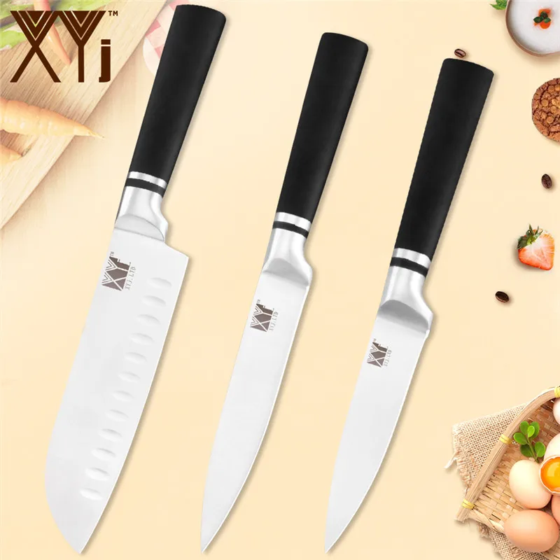 F.3pcs set XYj 6 шт. набор кухонных ножей из нержавеющей стали, черные Нескользящие ручки, ножи шеф-повара, острое лезвие, для хлеба, мяса, для приготовления пищи, бытовые инструменты - Цвет: F.3pcs set