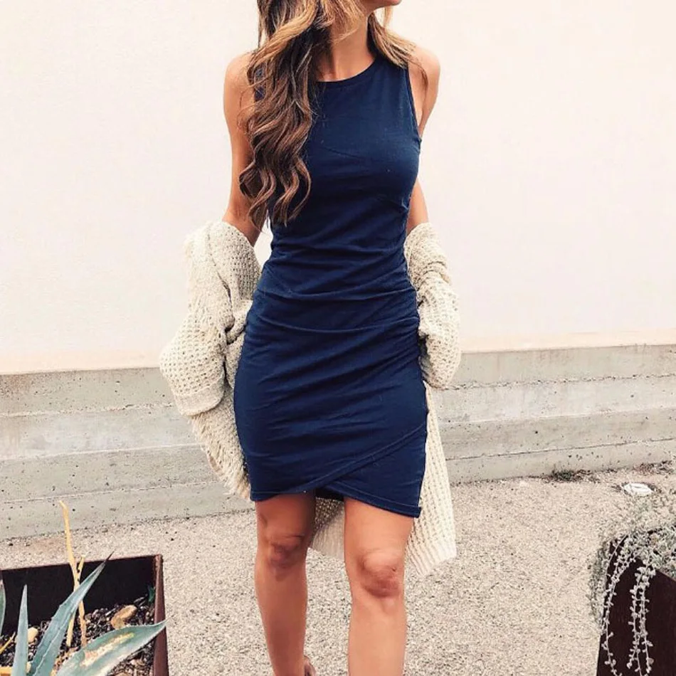 Summer women sleeveless irregular sheath dress sukienka Casual slim bodycon ruched Green black navy blue frocks | Женская одежда