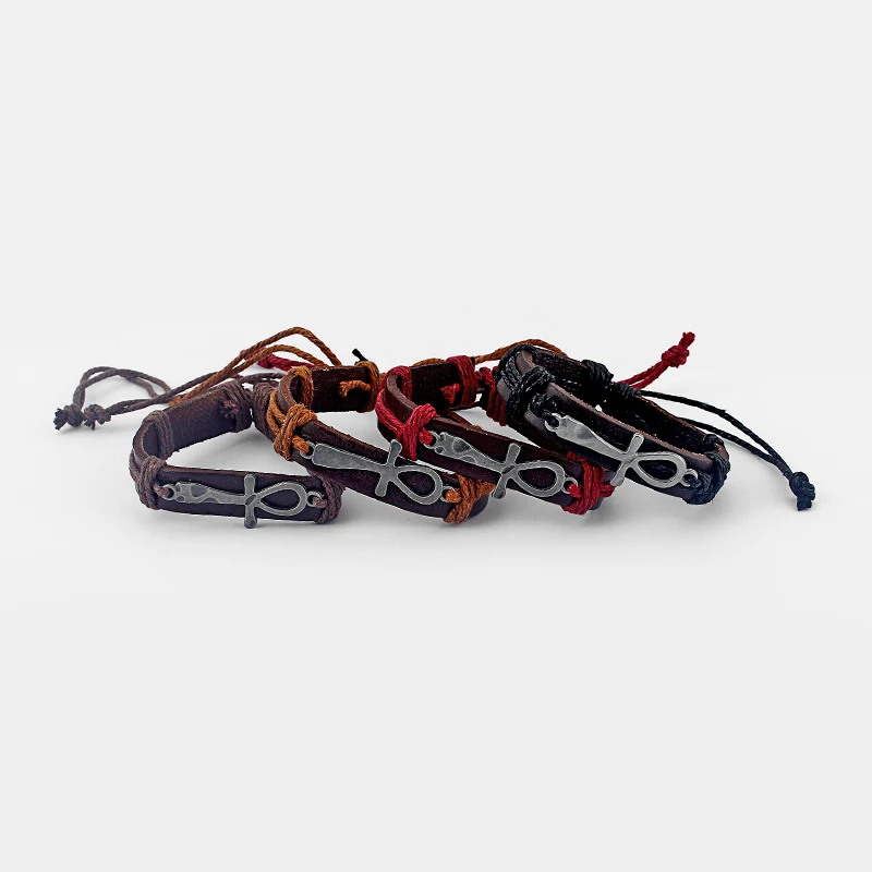 

12pcs Brown Leather Egypt Ankh Cross Charm Leather Bracelet For Men Women