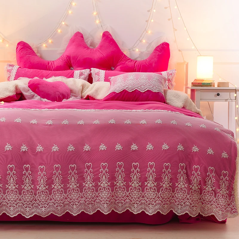 Blue Pink Purple Soft Berber Fleece Princess Girl White Lace Bedding Set Fleece Fabric Duvet Cover Bed sheet/Linen Pillowcases