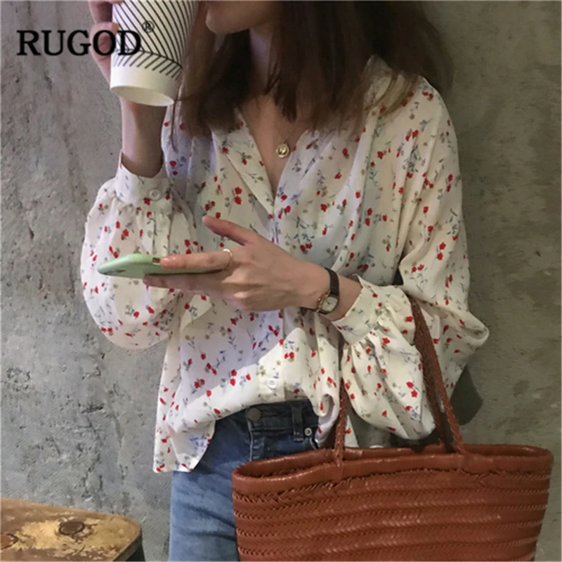 Новое поступление 2019 Женская Цветочная рубашка RUGOD с отложным воротником и