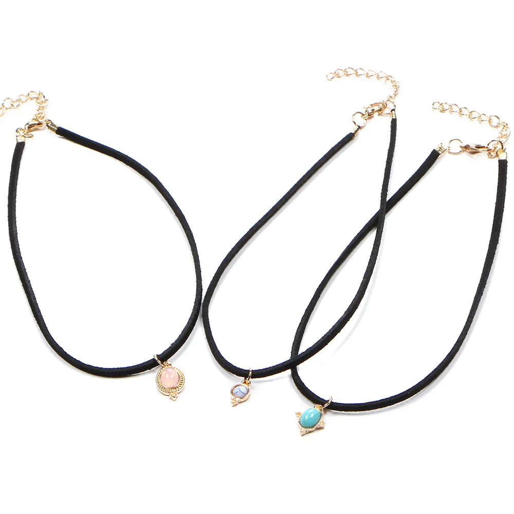 Кожаные ожерелья Бархатный чокер Женские Подвески золотого цвета синие Бусины