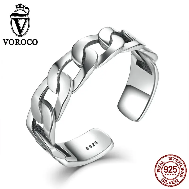 VOROCO 925 Sterling Silver Simple Strackable Twine Chain Pattern Rings Cuff Open Adjustable Ring for Woman Fine Jewelry VSR036 | Украшения