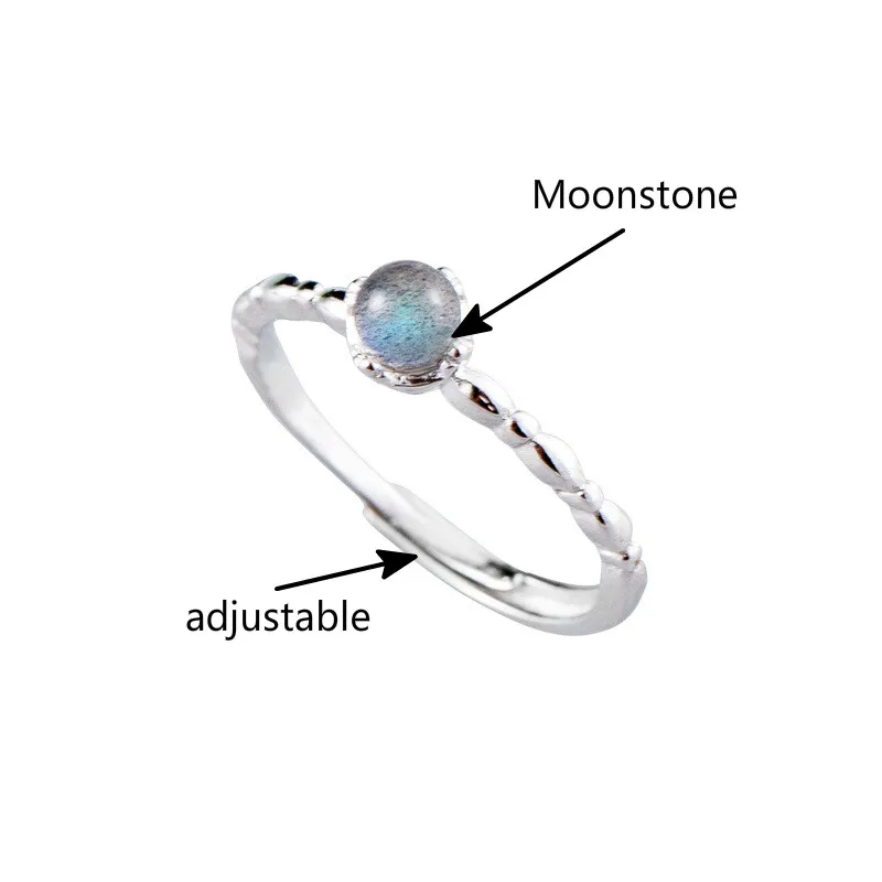 

Fengxiaoling 100% 925 Sterling Silver Round Natural Stone Moonstone Open Rings For Women Simple Fashion Party Jewelry