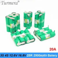 turmera 3s 12 6v 4s 16 8v battery pack 18650 25r 2500mah 20a current soldering for electric drill screwdriver battery and drone