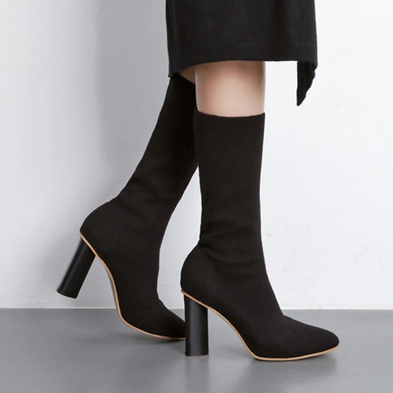 Женские ботильоны с острым носком Teahoo вязаные Стрейчевые на высоком каблуке
