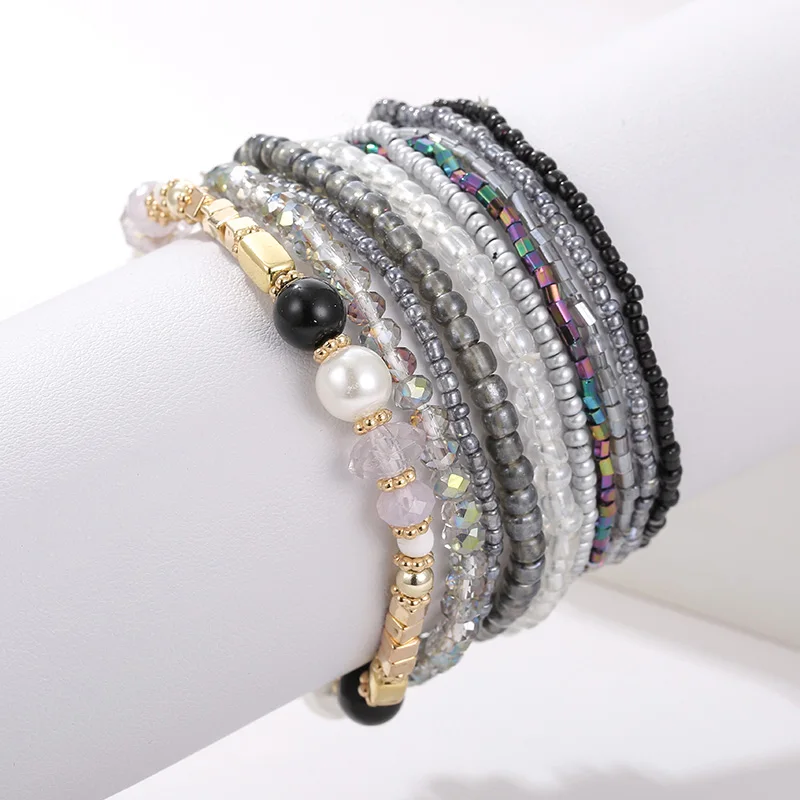 10 pcs/lot Boho Multi layer Imitation Pearl Crystal Glass Beaded Elastic Bracelets Bangles Set for Women Wedding Party Gifts|Браслеты с