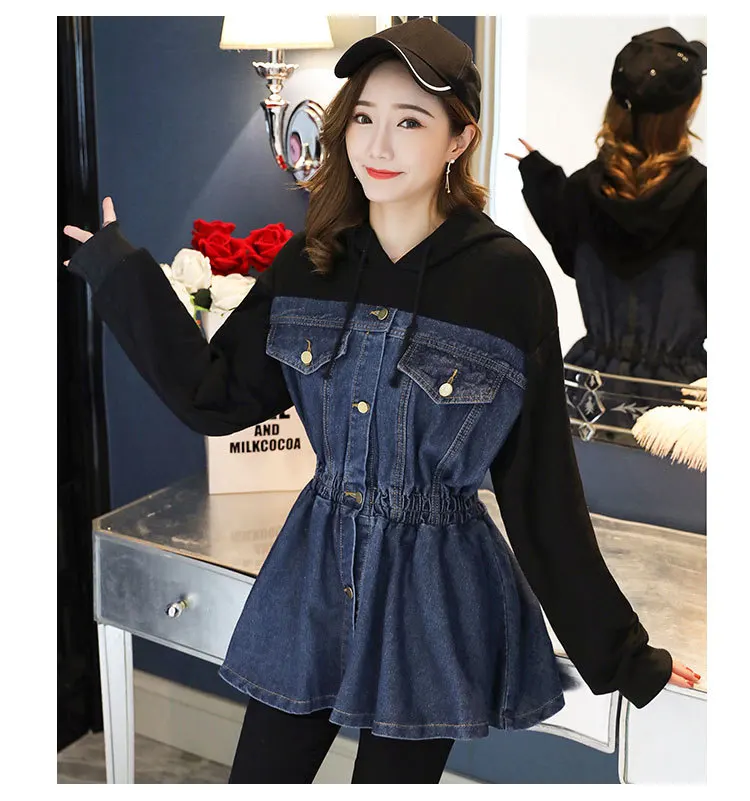 New Spring Fashion Loose Denim Patchwork Hooded Sweatshirts Slim Waist Students Hoodies Casual Tops for Women