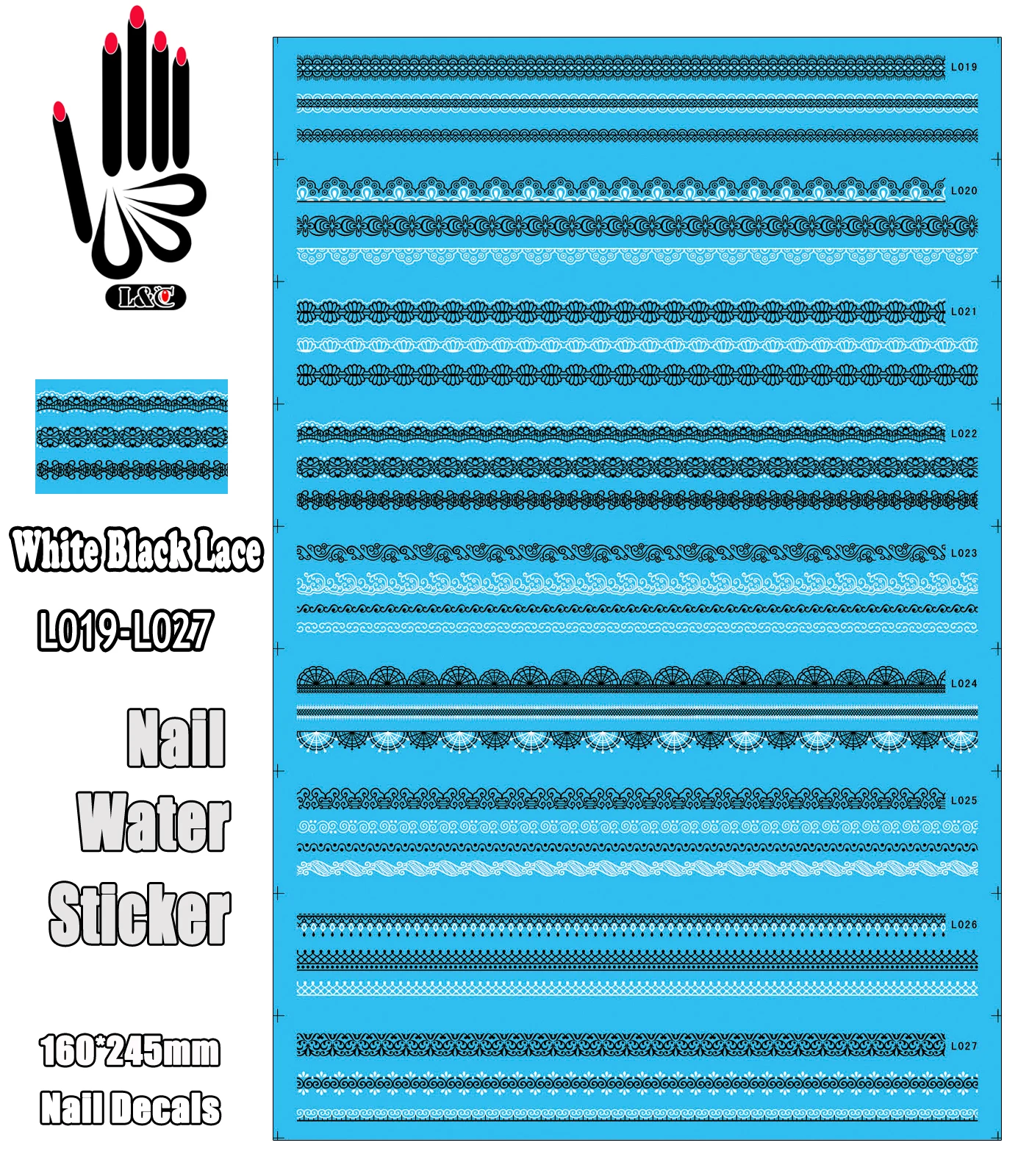 

11 Sheets/Lot Water Nail Stickers L019-027 Black White Lace Nail Water Transfer Sticker Decal For Nail Tip (30 DESIGNS IN 1)