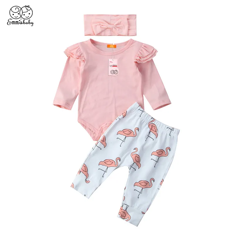 Toddler Newborn Lovely Baby Girl Solid Color Bodysuit Long Sleeve Tops Cartoon Printed Pants Leggings Headband Outfits 3PCS Set | Детская